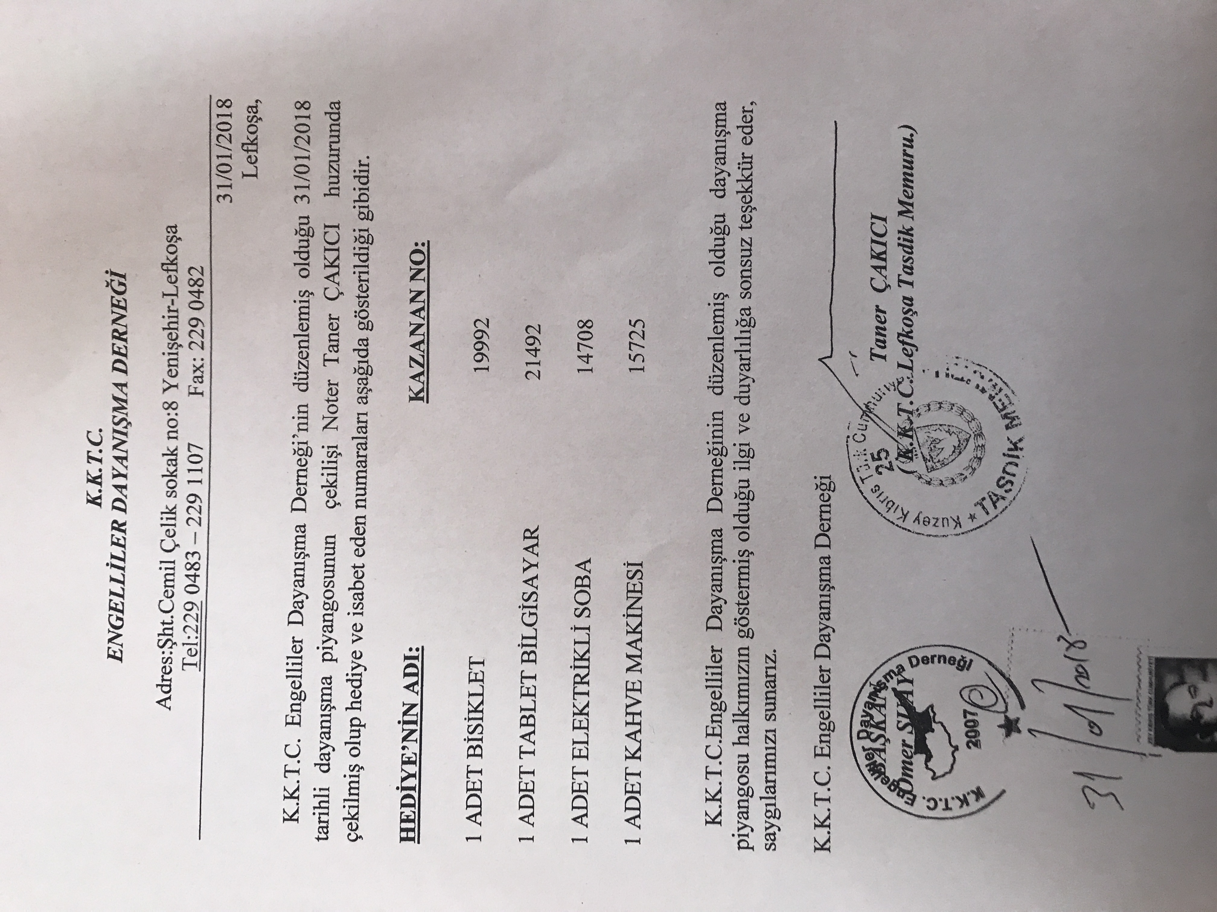 KKTC Engelliler Dayanışma Derneği 31 Ocak 2018 Piyangosu